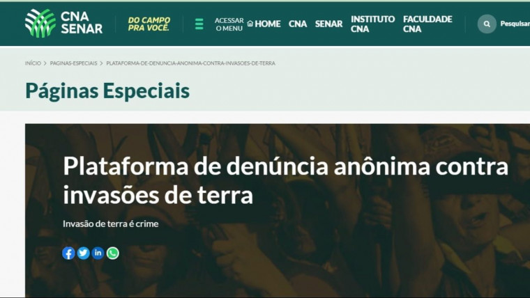 Confederação da Agricultura cria plataforma para denúncias anônimas sobre invasões de terras