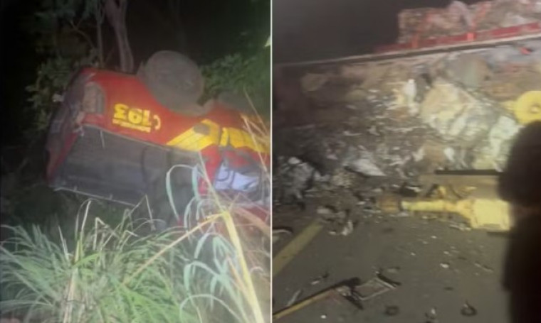 Bombeiros ficam feridos após viatura ser atingida por carga de caminhão bitrem na TO-010