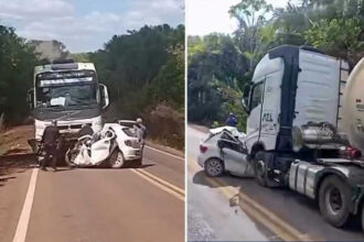 Três pessoas morrem presas às ferragens após batida entre carro e carreta na BR-235