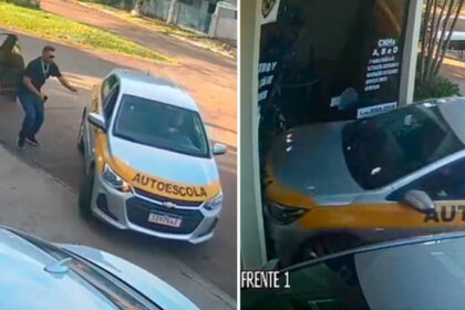 Na penúltima aula, aluna perde controle ao fazer baliza e invade autoescola no Paraná