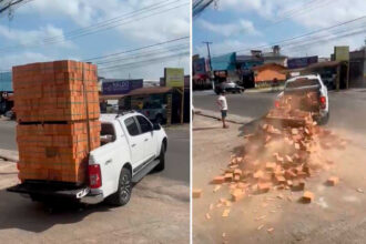 Para evitar pagar frete, homem tenta levar tijolos em caminhonete e carga tomba